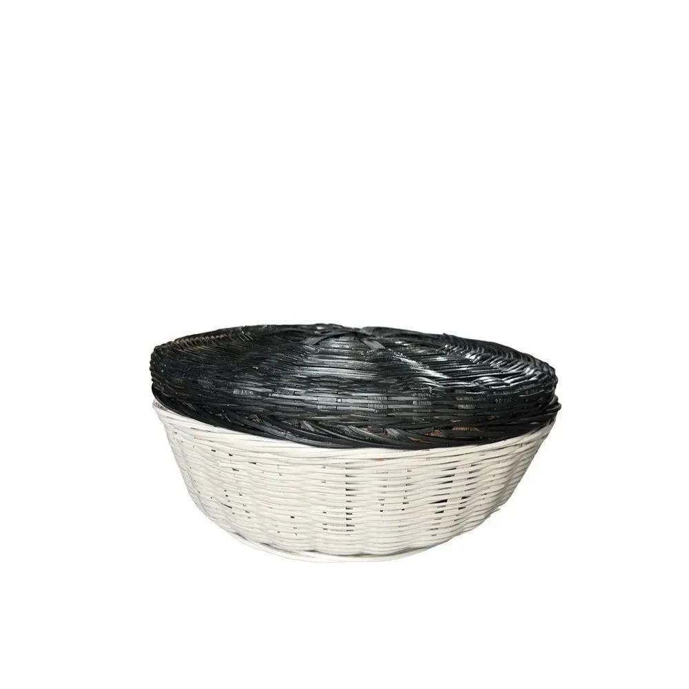 Vintage Black & White Wicker Basket with Lid Round Storage Sewing Box